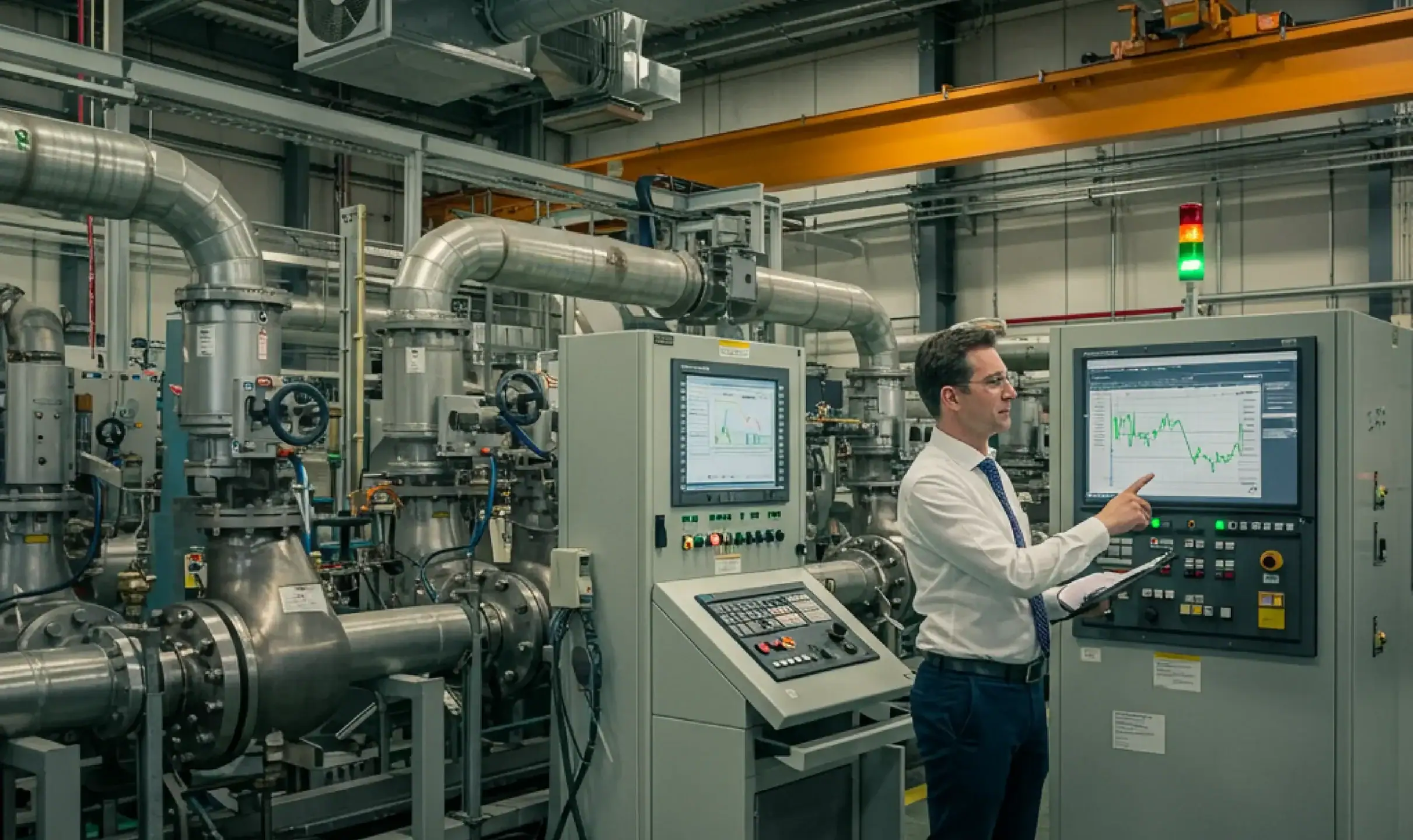 Ingénieur contrôle machine industrielle avec écran graphique.