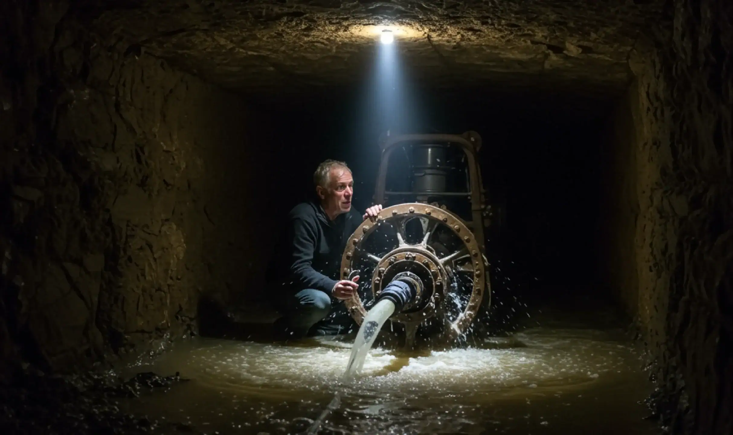 Homme vérifiant une pompe sous terre.