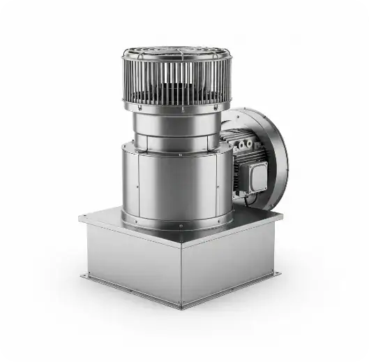 Ventilateur d'extraction industriel métallique sur fond blanc.
