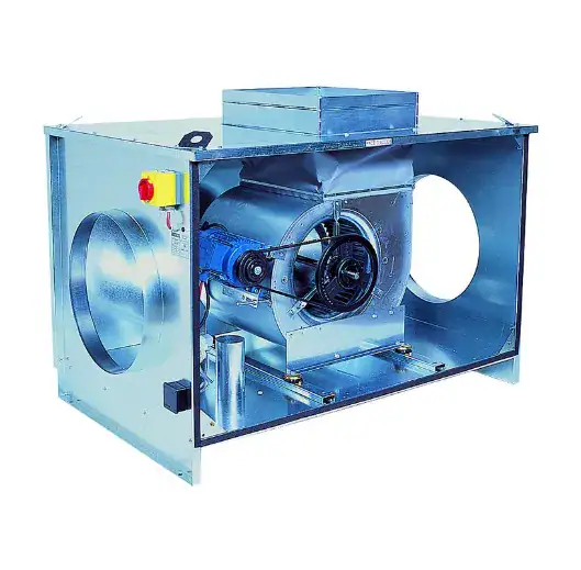 Caisson de ventilation en métal bleu.