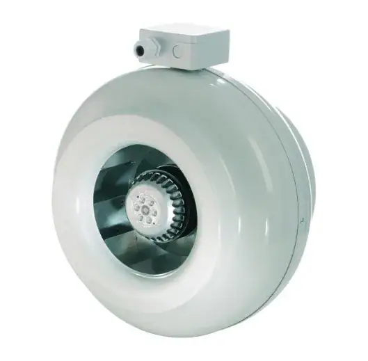 Ventilateur industriel métallique avec boîtier électronique.