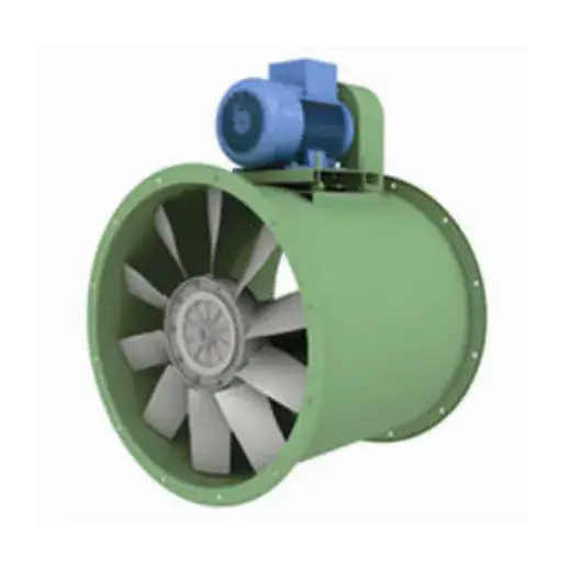 Ventilateur axial industriel en métal vert et bleu.