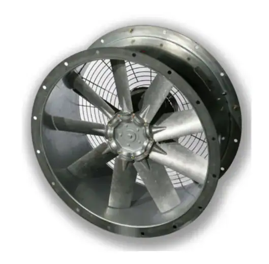 Ventilateur industriel métallique avec pales visibles.