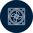 Icône de ventilateur sur fond bleu.