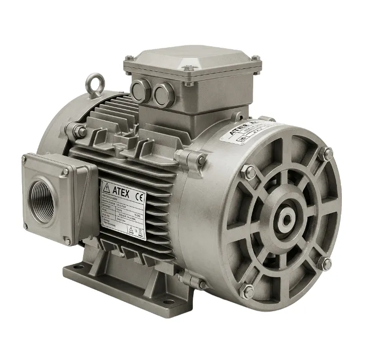 Moteur électrique industriel certifié ATEX gris.