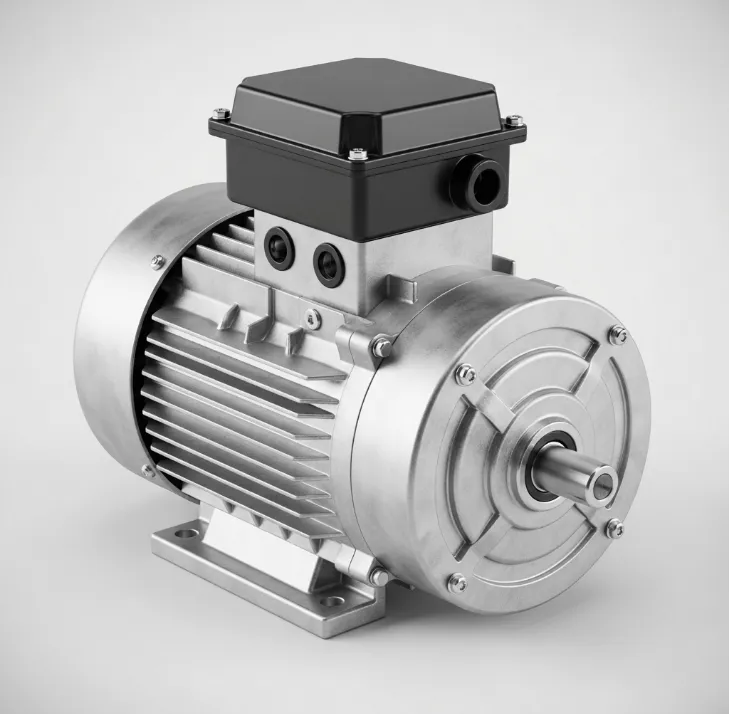 Moteur électrique industriel argenté avec boîtier noir
