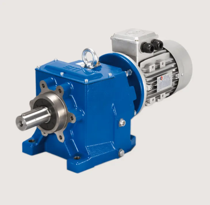 Réducteur mécanique bleu et moteur électrique.